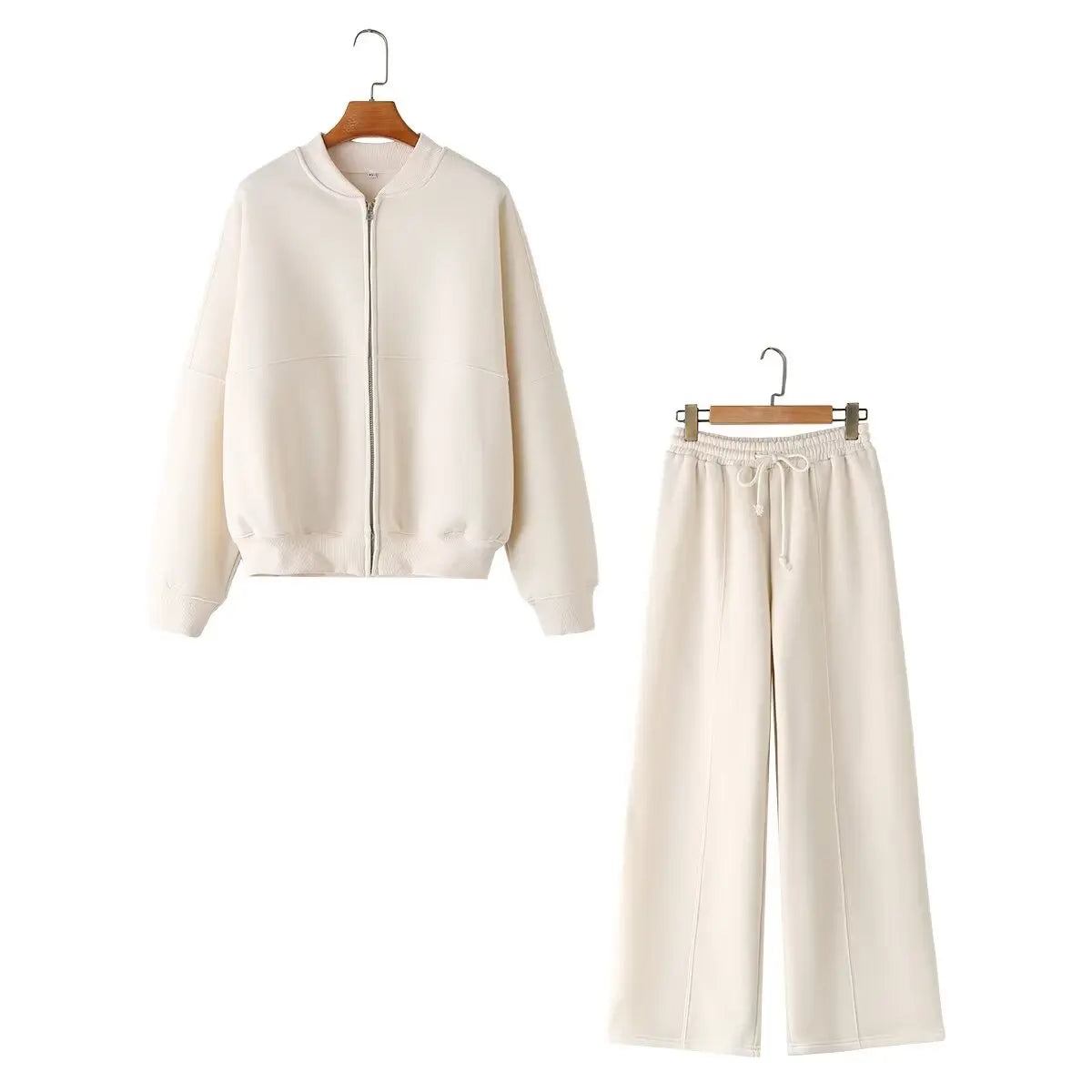 Chic women’s 2-piece set with a zip bomber jacket and high-waist wide-leg pants — perfect for a stylish fall look.