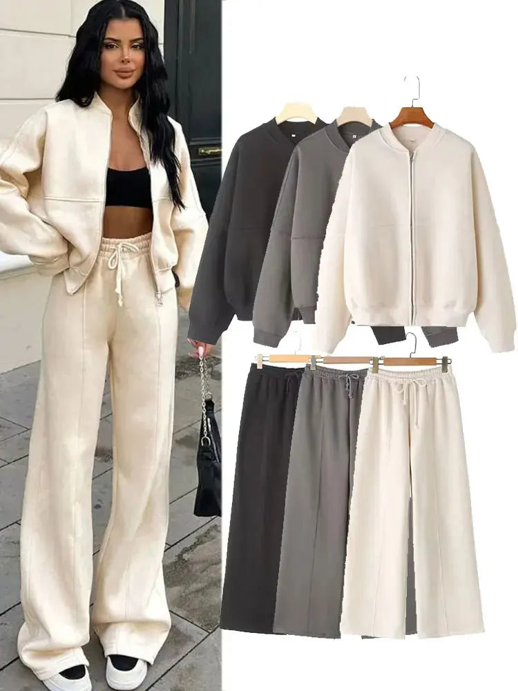 Chic women’s 2-piece set with a zip bomber jacket and high-waist wide-leg pants — perfect for a stylish fall look.